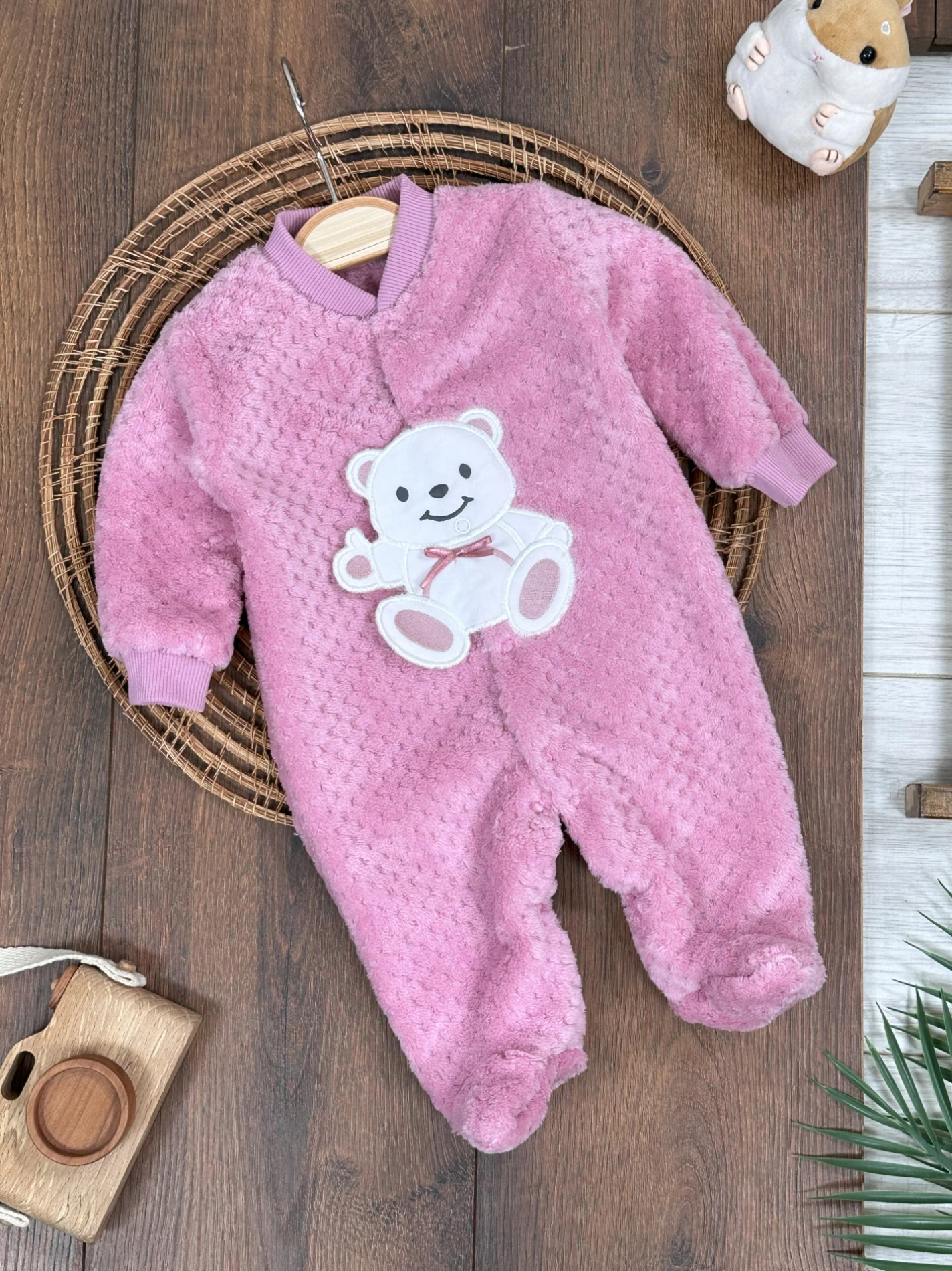 Peluş Ayıcık Nakışlı Patikli Çıtçıtlı Kışlık Kız Bebek Tulum - PEMBE