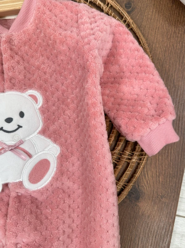 Peluş Ayıcık Nakışlı Patikli Çıtçıtlı Kışlık Kız Bebek Tulum