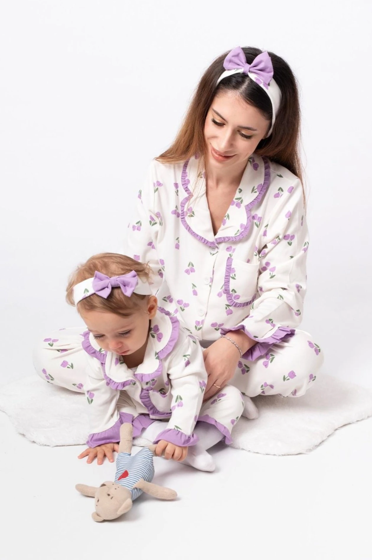 Çocuk Boy Lale Desen Bandanalı Fırfırlı %100 Pamuk  Önden Düğmeli Mevsimlik Kız Çocuk Pijama Takımı - LİLA