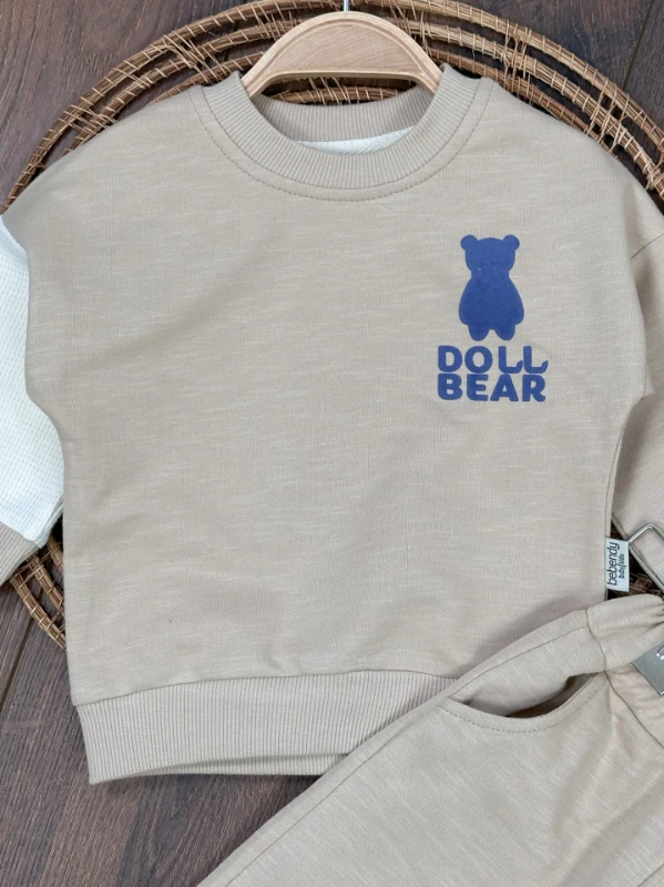 Doll Bear Baskılı Paça Düğme Detaylı Erkek Bebek Takım