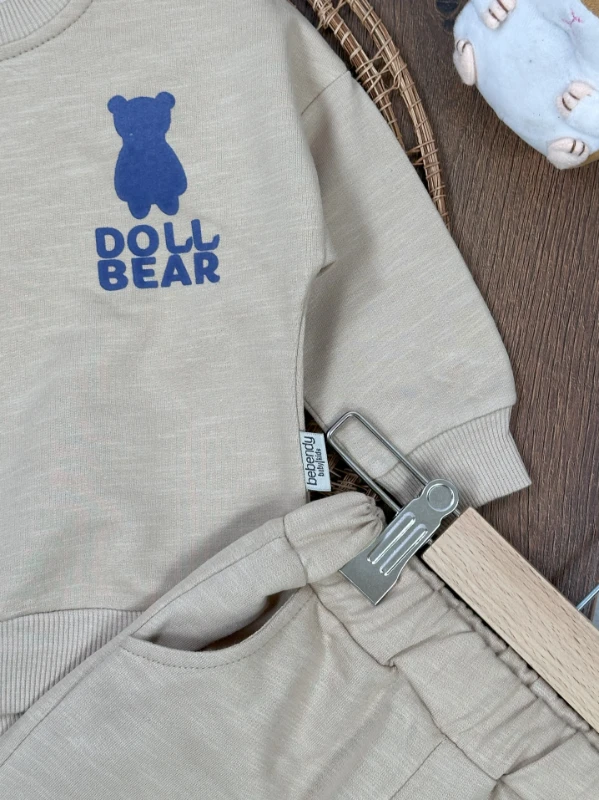 Doll Bear Baskılı Paça Düğme Detaylı Erkek Bebek Takım