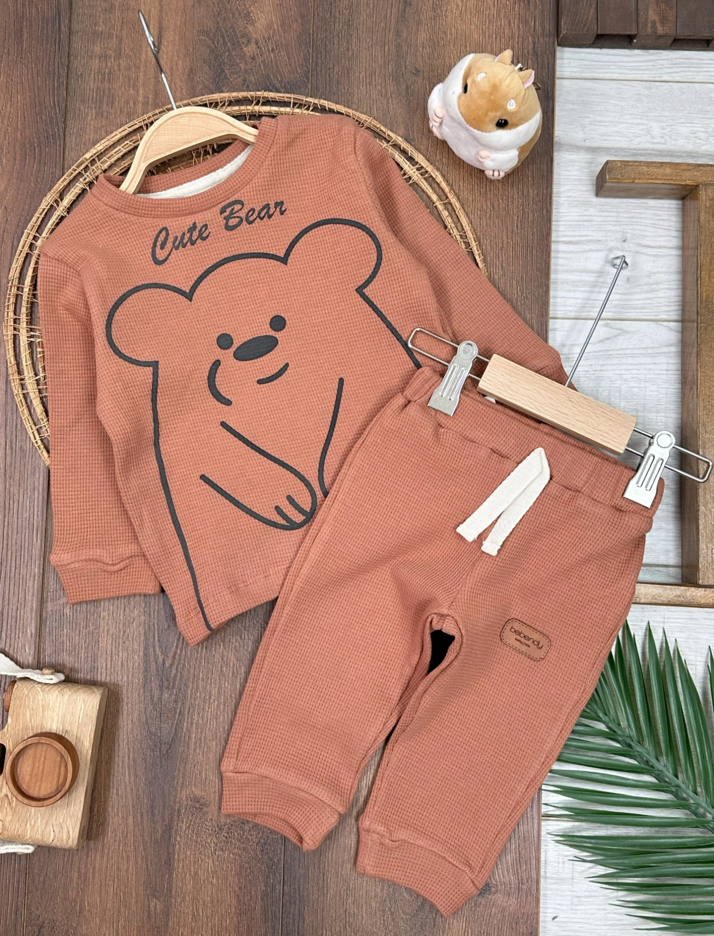 Ayıcık Baskılı Omuzdan Çıtçıtlı Waffle Kumaş 2li Erkek Bebek Takım - KAHVE