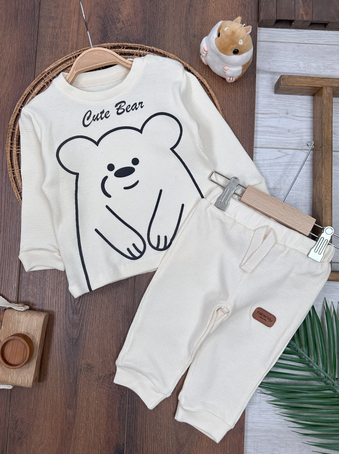 Ayıcık Baskılı Omuzdan Çıtçıtlı Waffle Kumaş 2li Erkek Bebek Takım - EKRU