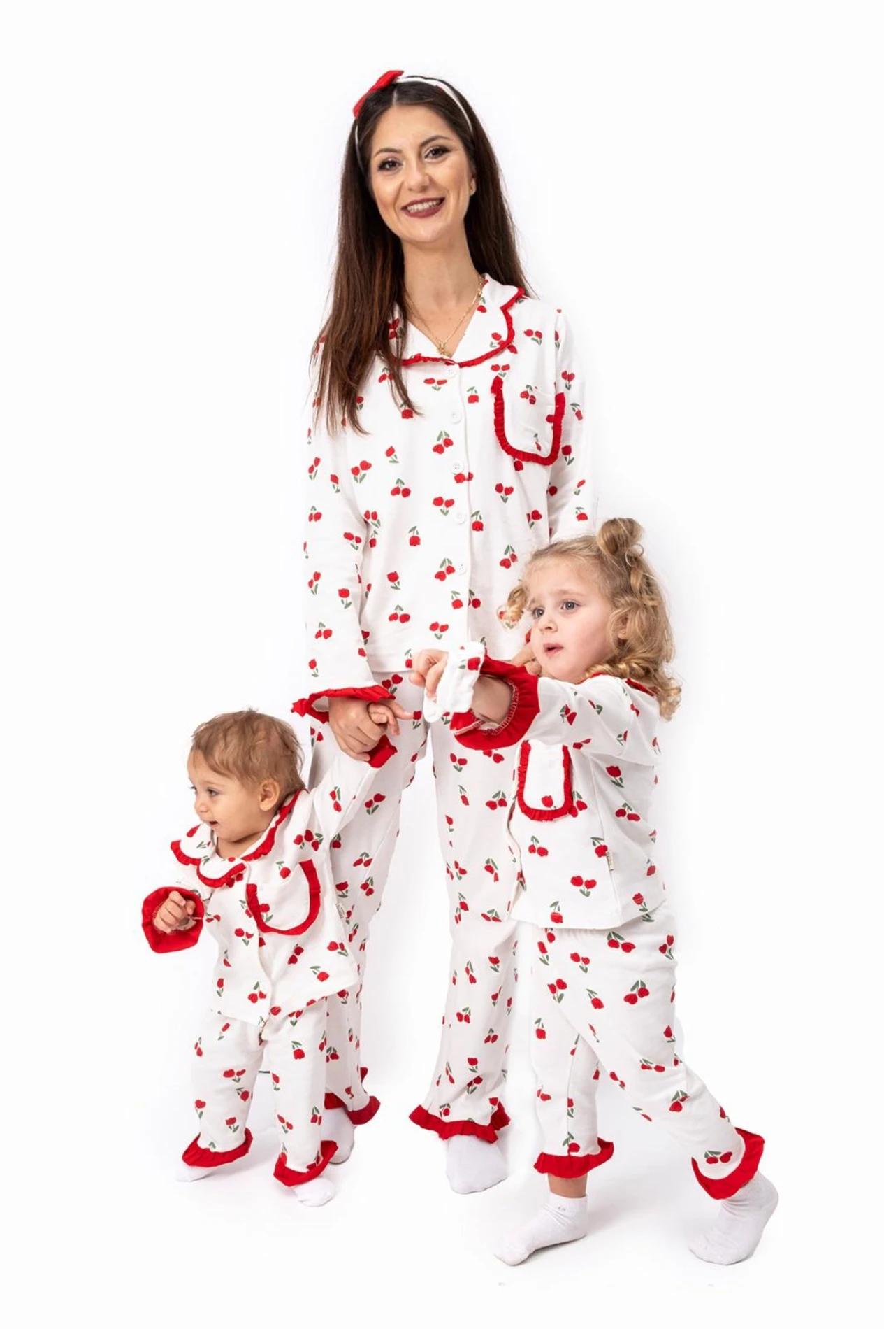 Anne Boy Lale Desen Bandanalı Fırfırlı %100 Pamuk  Önden Düğmeli Mevsimlik Pijama Takımı