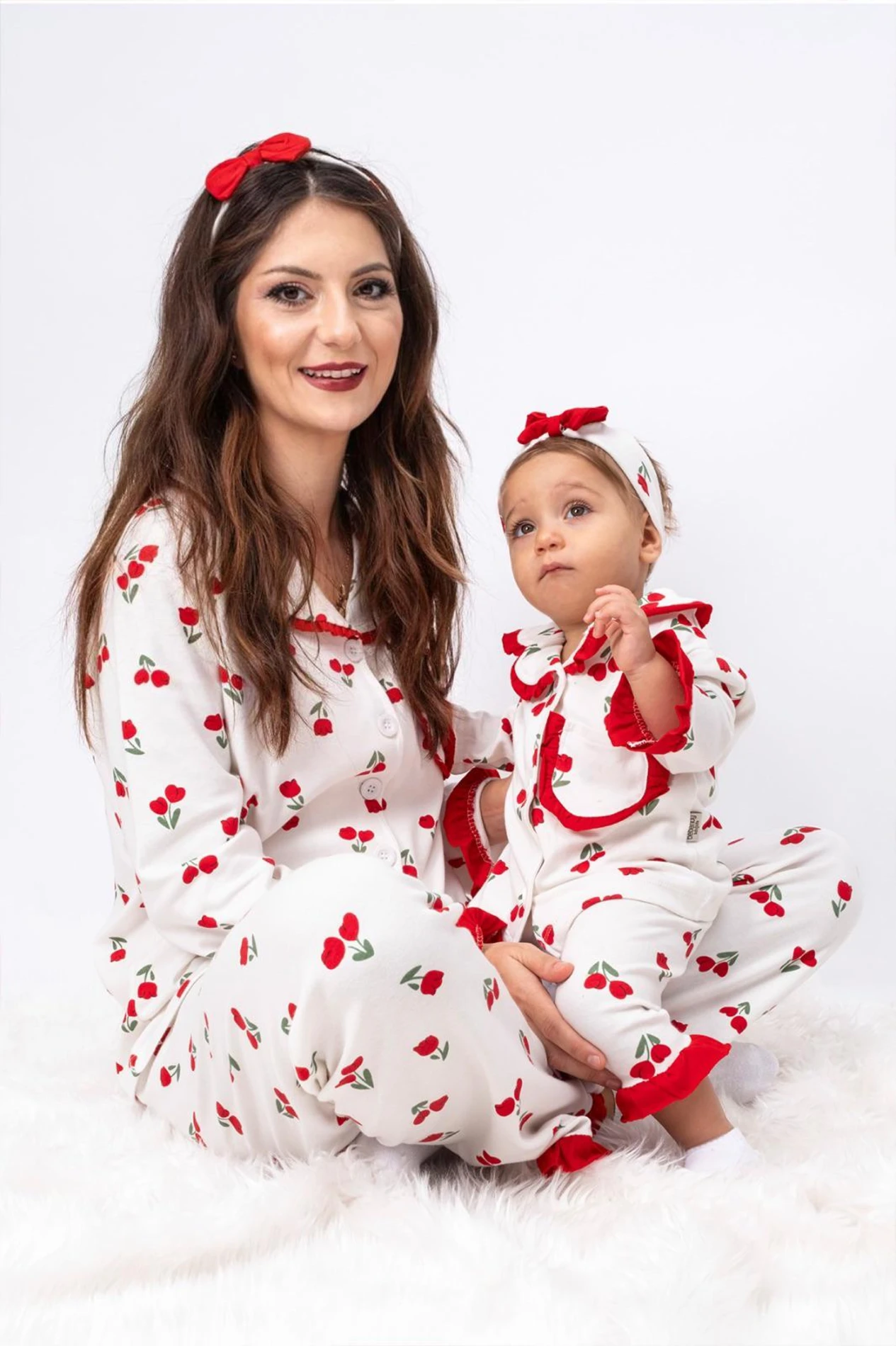 Bebek Boy Lale Desen Bandanalı Fırfırlı %100 Pamuk  Önden Düğmeli Mevsimlik Kız Bebek Pijama Takımı - KIRMIZI