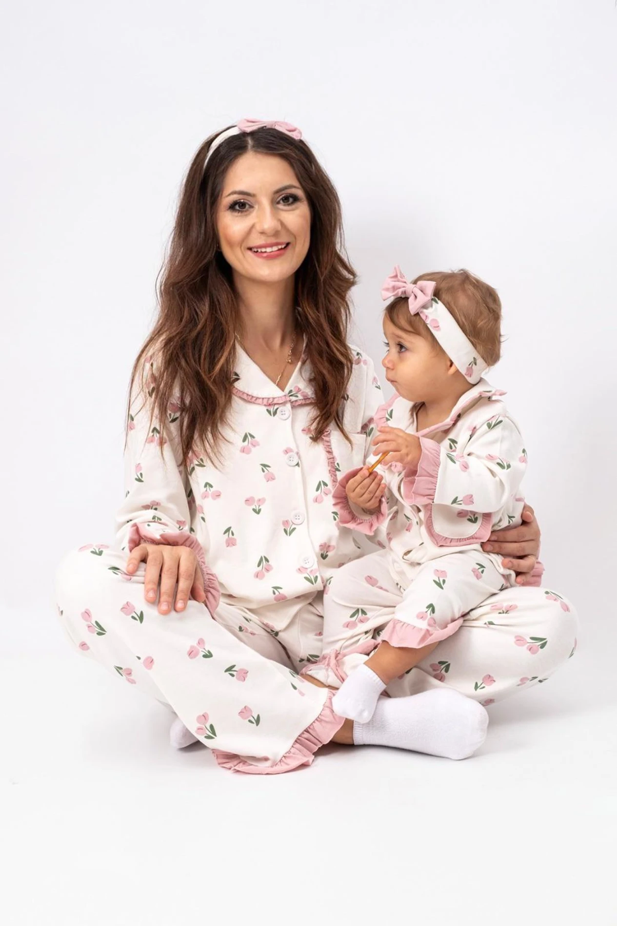 Çocuk Boy Lale Desen Bandanalı Fırfırlı %100 Pamuk  Önden Düğmeli Mevsimlik Kız Çocuk Pijama Takımı - GÜL KURUSU