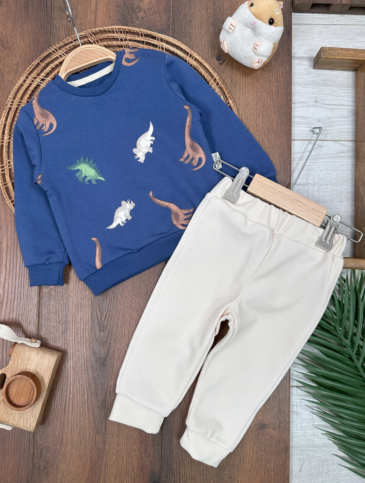 Dinozor Baskılı Omuzdan Çıtçıtlı Erkek Bebek Takım