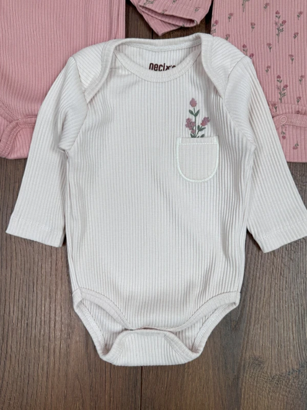 Yenidoğan Organik Pamuk Kız Bebek 3lü Zıbın Çıtçıtlı Badi Set
