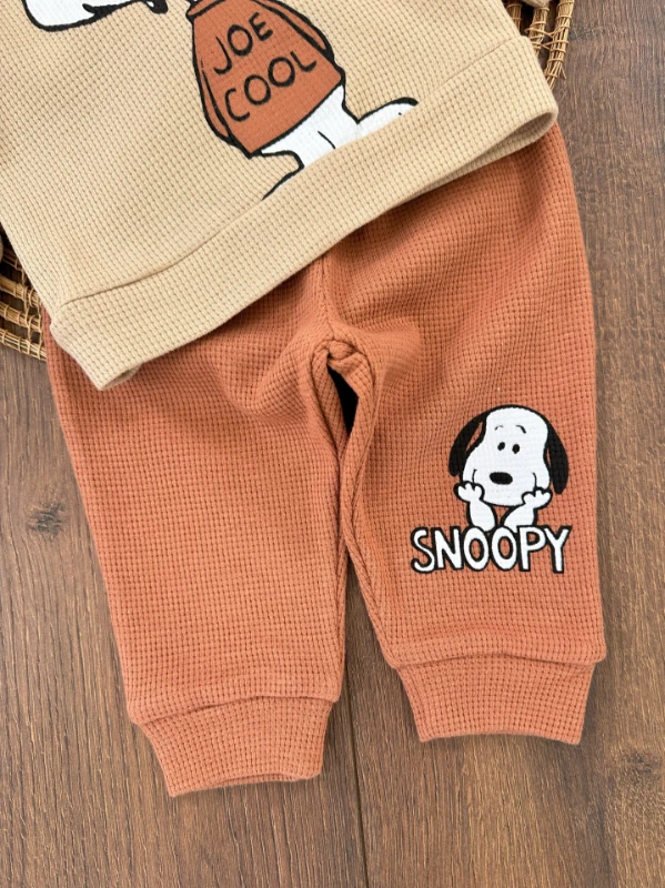 Erkek Bebek Takım Waffle Kumaş Snoopy Baskılı Bereli Omuzdan Çıtçıtlı3lü Bebek Takım