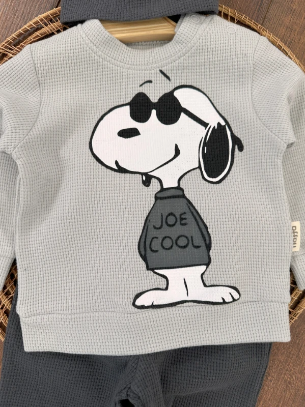 Erkek Bebek Takım Waffle Kumaş Snoopy Baskılı Bereli Omuzdan Çıtçıtlı3lü Bebek Takım