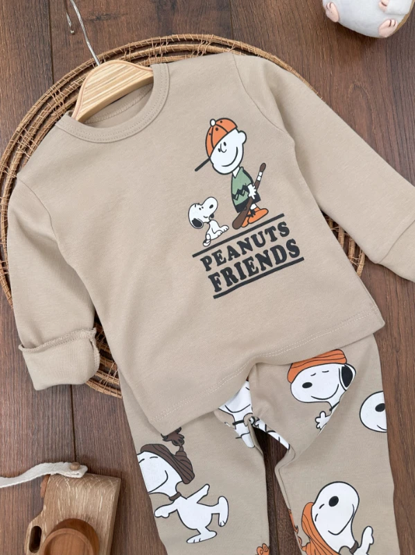 Erkek Bebek Pijama Takımı Sevimli Köpek Desenli %100 Pamuk Yumuşak Doku Mevsimlik Pijama Takımı