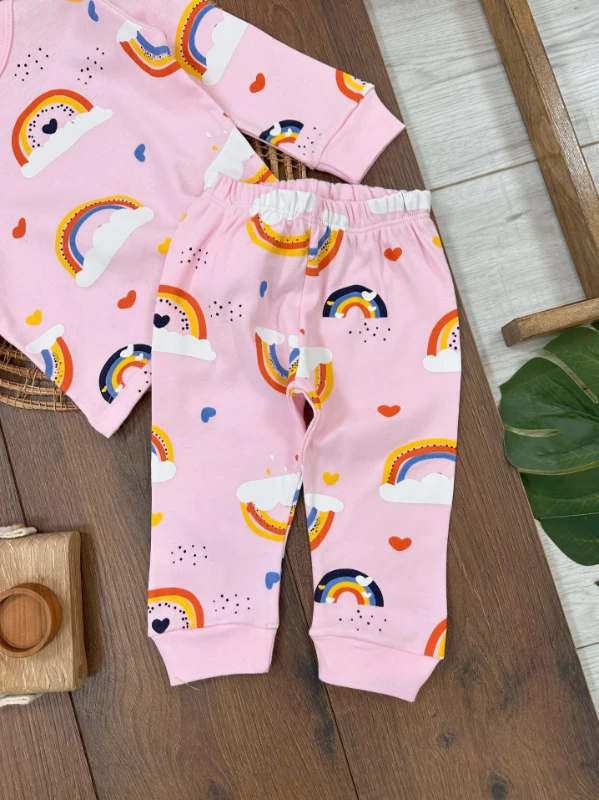 Kız Bebek Pijama Takımı Gökkuşağı Kalp Desenli %100 Pamuk Mevsimlik Bebek-Çocuk Pijama Takımı