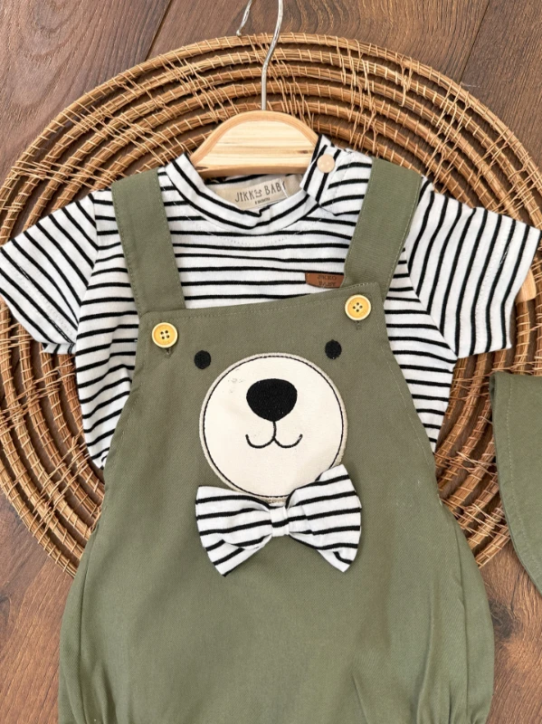 Safari Şapkalı Merserize Tshirt  Papyonlu Ayıcık Figürlü Keten Erkek Bebek Salopet Takım