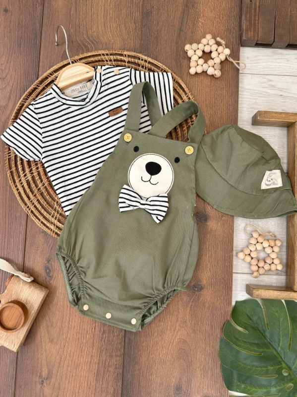 Safari Şapkalı Merserize Tshirt  Papyonlu Ayıcık Figürlü Keten Erkek Bebek Salopet Takım
