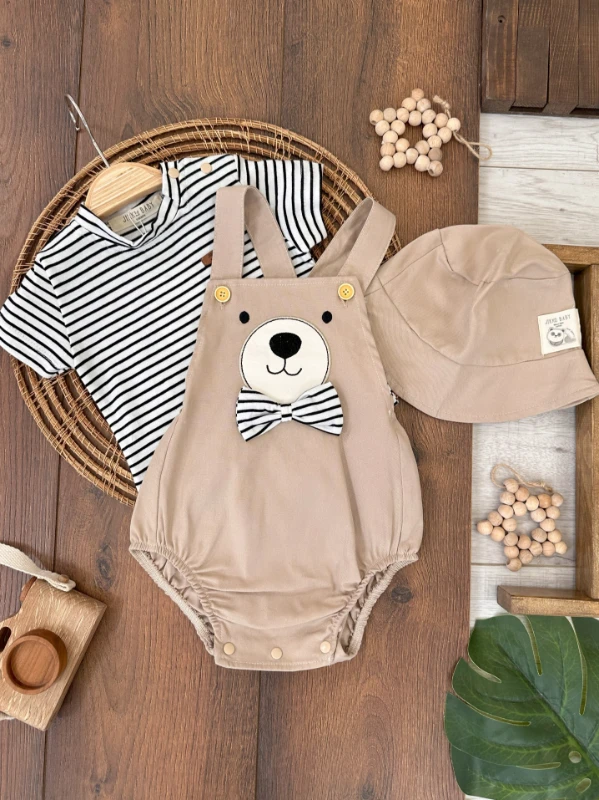 Safari Şapkalı Merserize Tshirt  Papyonlu Ayıcık Figürlü Keten Erkek Bebek Salopet Takım