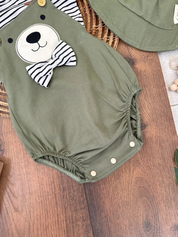 Safari Şapkalı Merserize Tshirt  Papyonlu Ayıcık Figürlü Keten Erkek Bebek Salopet Takım