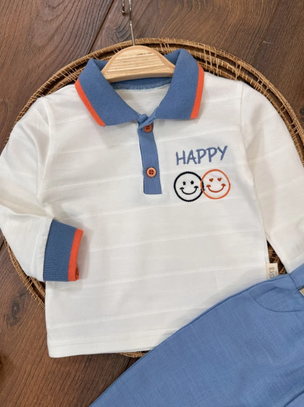 Polo Yaka Müslin Pantolon Happy Mevsimlik Erkek Bebek Takım