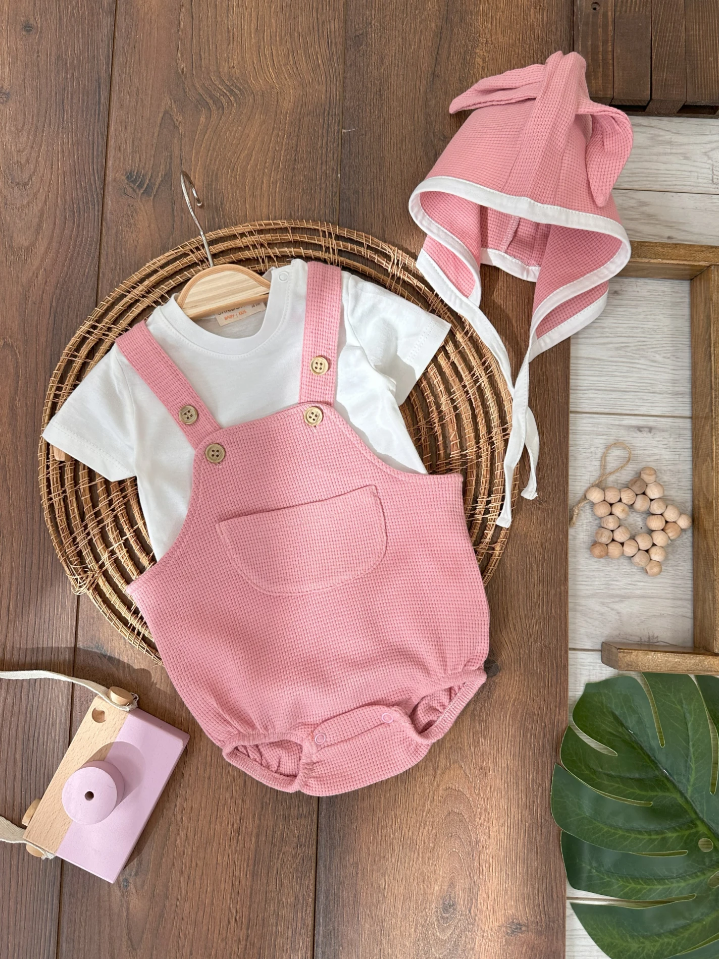 Waffle Tavşan Şapkalı Badili Alttan Çıtçıtlı Yazlık Kız Bebek Salopet Takım - PUDRA