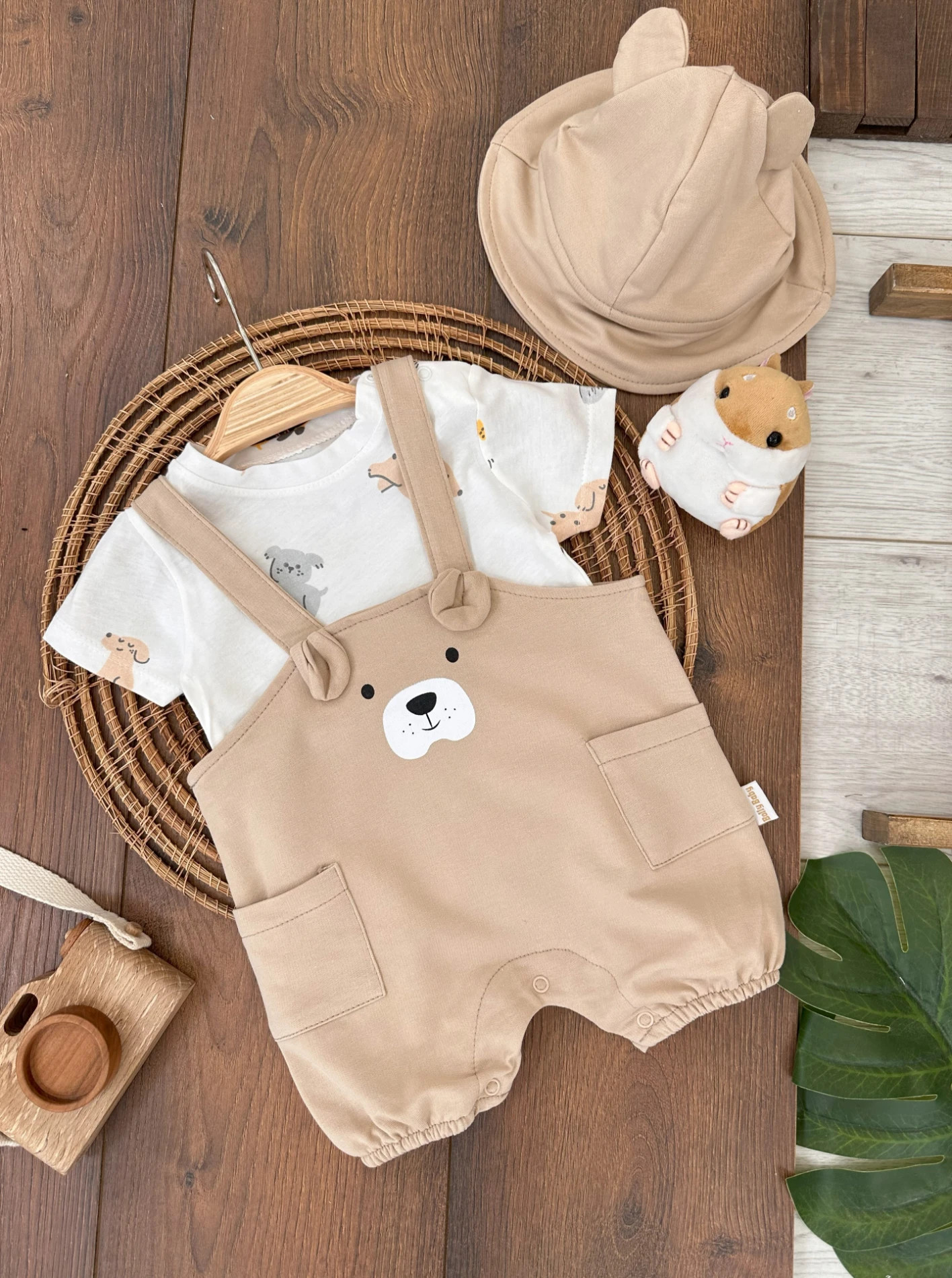 Şapkalı Kulak Detaylı Alttan Çıtçıtlı Badili Salopet 3lü Erkek Bebek Takım - KAHVE KÖPÜĞÜ