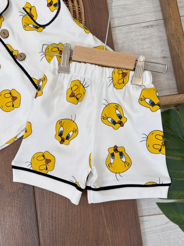 %100 Pamuk Kruvaze Yaka Önden Düğmeli Rahat Kalıp Yazlık Unisex Bebek Pijama Takımı