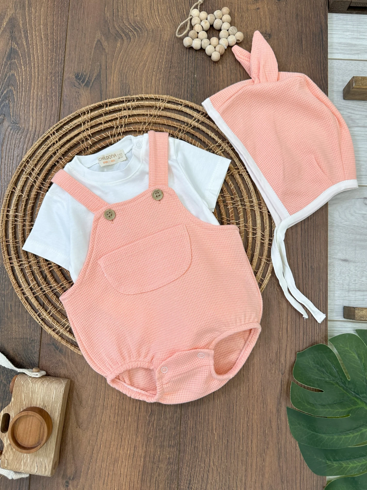 Waffle Tavşan Şapkalı Badili Alttan Çıtçıtlı Yazlık Kız Bebek Salopet Takım - ŞEFTALİ