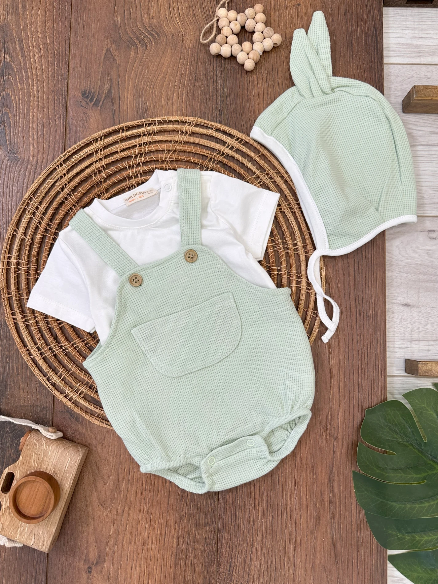 Waffle Tavşan Şapkalı Badili Alttan Çıtçıtlı Yazlık Kız Bebek Salopet Takım - AQUANİL