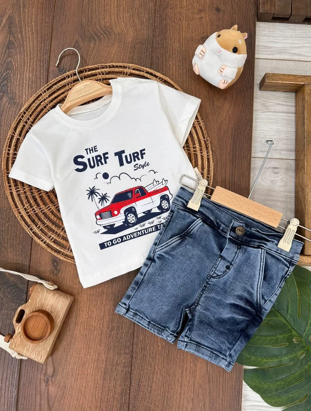 Adventure Likralı Kot Short Omuzdan Çıtçıtlı T-shirt Yazlık Erkek Bebek/Baby Takım