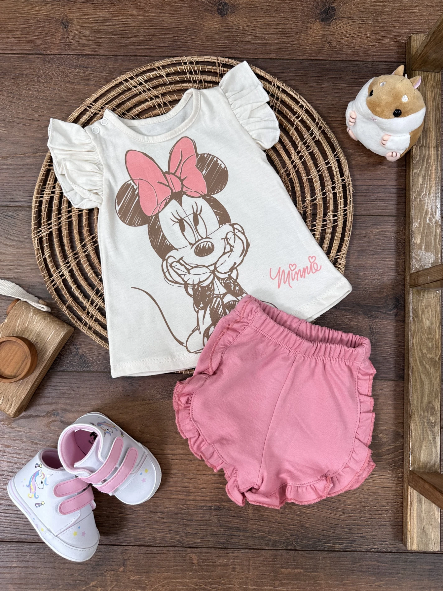 Minnie Mouse Fırfır Şort Yazlık Kız Bebek Takım