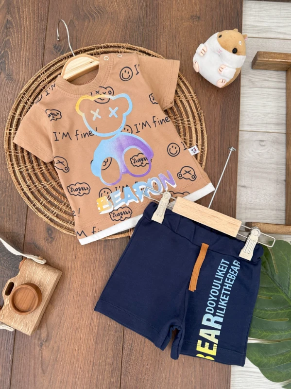 Bear Neon Ayıcık Baskılı Omuzdan Çıtçıtlı Erkek Bebek Takım