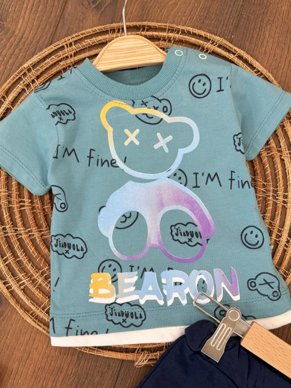 Bear Neon Ayıcık Baskılı Omuzdan Çıtçıtlı Erkek Bebek Takım