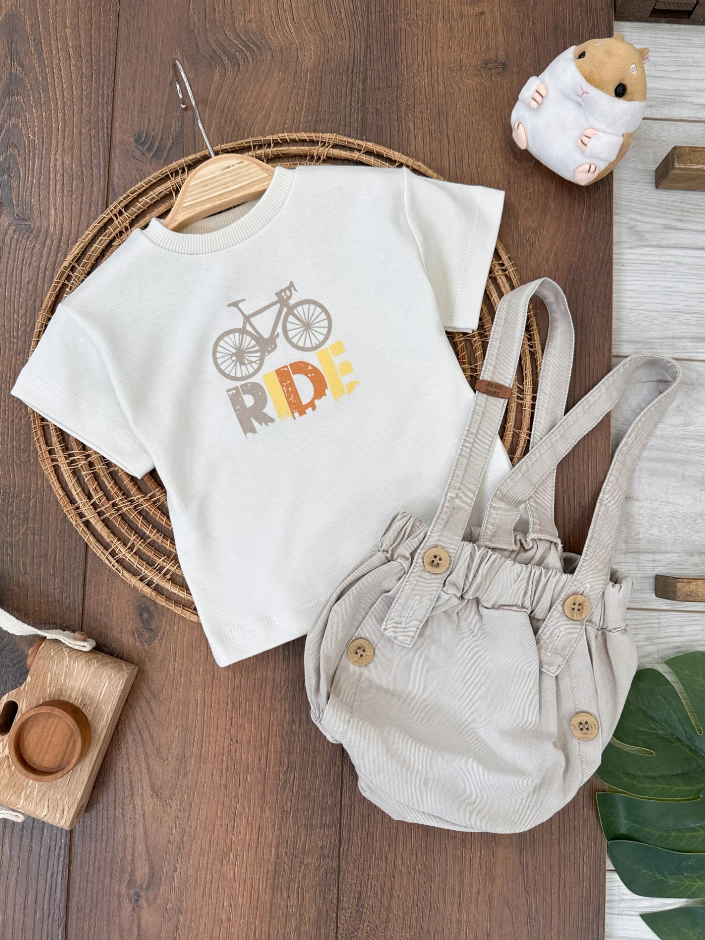 Keten Salopet Yazlık Erkek Bebek Takım - KREM