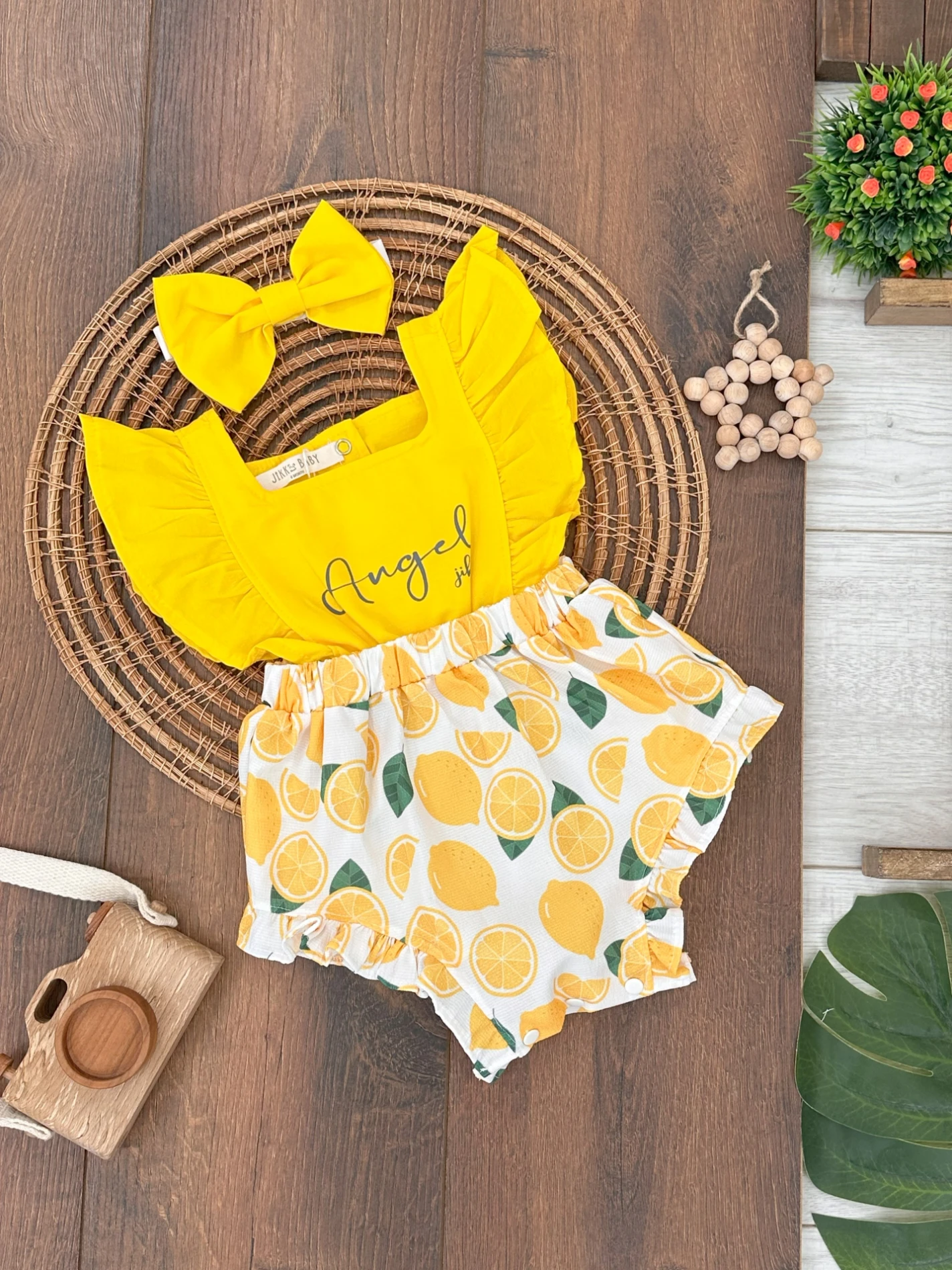 Meyveler Desenli Bandanalı Alttan Çıtçıtlı Romper Kız Bebek Takım - SARI