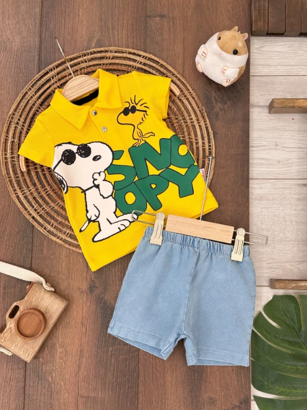 Snoopy Baskılı Polo Yaka Tshirt Likralı Kot Şort Yazlık Erkek Bebek Takım