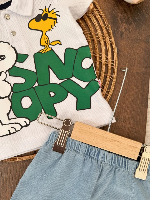 Snoopy Baskılı Polo Yaka Tshirt Likralı Kot Şort Yazlık Erkek Bebek Takım