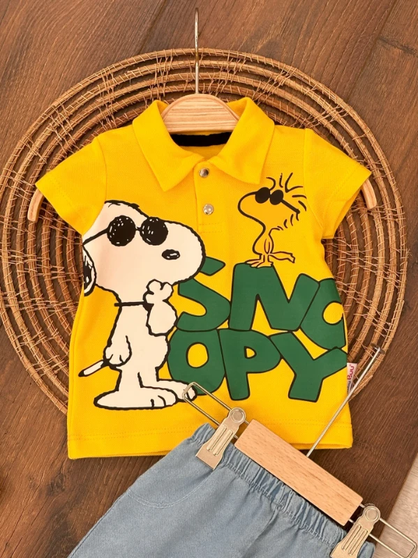 Snoopy Baskılı Polo Yaka Tshirt Likralı Kot Şort Yazlık Erkek Bebek Takım