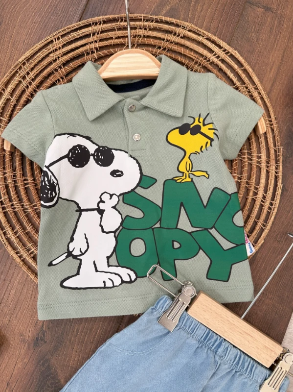 Snoopy Baskılı Polo Yaka Tshirt Likralı Kot Şort Yazlık Erkek Bebek Takım