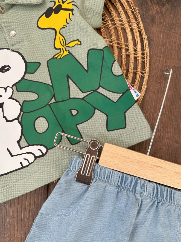 Snoopy Baskılı Polo Yaka Tshirt Likralı Kot Şort Yazlık Erkek Bebek Takım