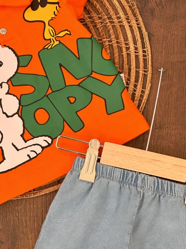 Snoopy Baskılı Polo Yaka Tshirt Likralı Kot Şort Yazlık Erkek Bebek Takım