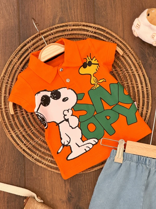 Snoopy Baskılı Polo Yaka Tshirt Likralı Kot Şort Yazlık Erkek Bebek Takım