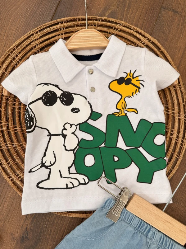 Snoopy Baskılı Polo Yaka Tshirt Likralı Kot Şort Yazlık Erkek Bebek Takım