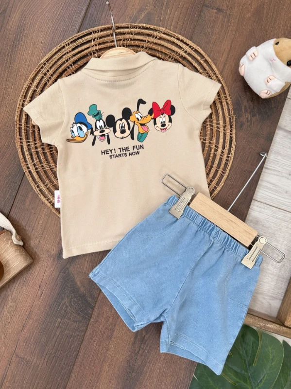  Fare Baskılı Polo Yaka Tshirt Likralı Kot Şort Yazlık Erkek Bebek Takım