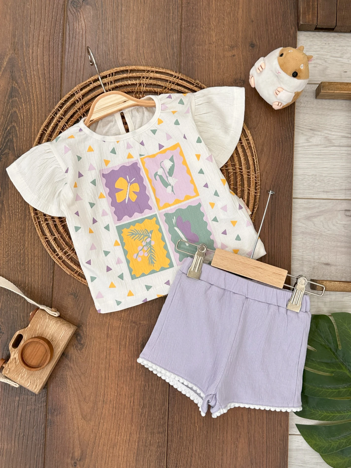 Geometrik Desen Fistolu Şort Esnek Yazlık Kız Bebek Takım - LİLA