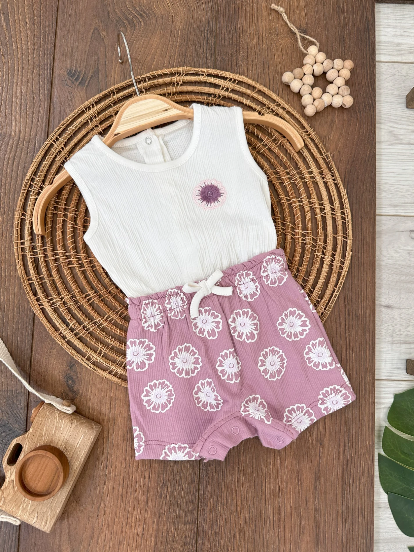 Çiçek Desenli Alttan Çıtçıtlı Yazlık Kız Bebek Tulum - GÜL KURUSU