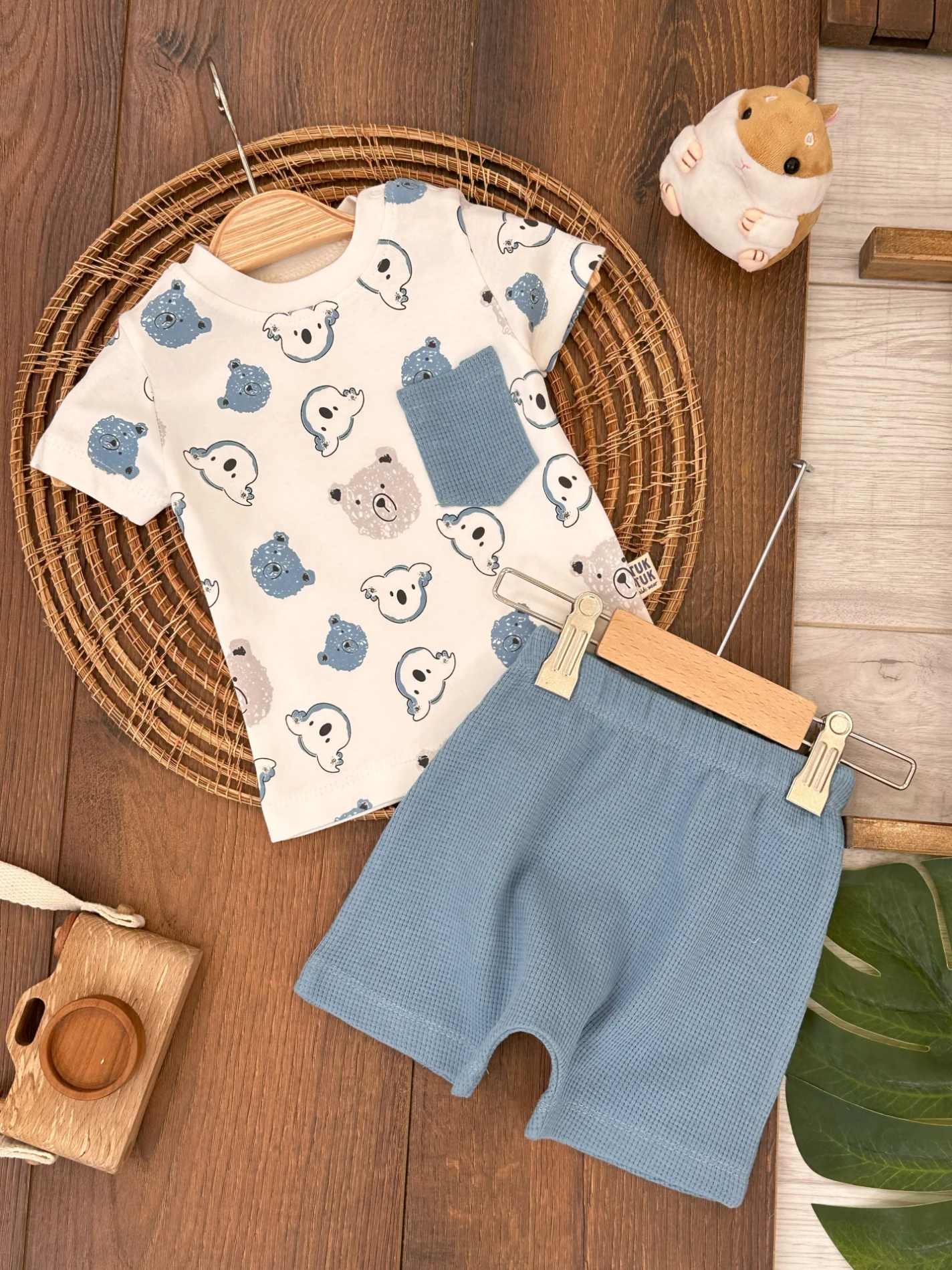 Ayıcık&Koala Baskılı Omuzdan Çıtçıtlı Waffle Şortlu Yazlık Erkek Bebek Takım - MAVİ