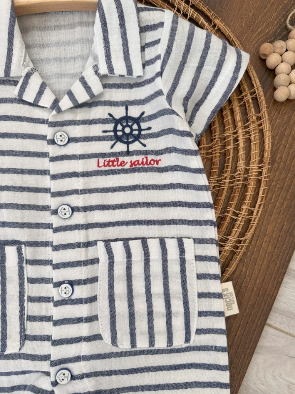 Müslin Dümen Nakışlı Düğmeli Alttan Çıtçıtlı Gemici Yazlık Erkek Bebek Tulum