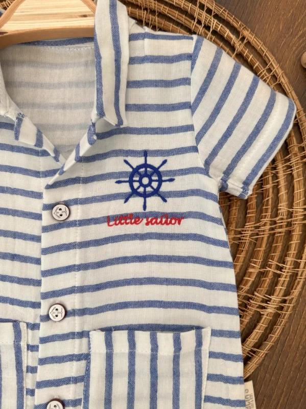 Müslin Dümen Nakışlı Düğmeli Alttan Çıtçıtlı Gemici Yazlık Erkek Bebek Tulum