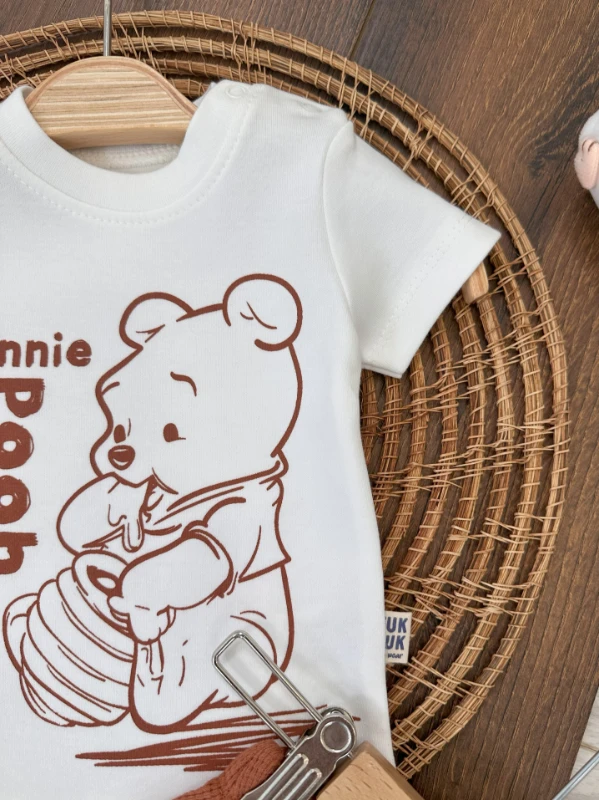 Pooh Baskılı Omuzdan Çıtçıtlı Waffle Şortlu Yazlık Erkek Bebek Takım