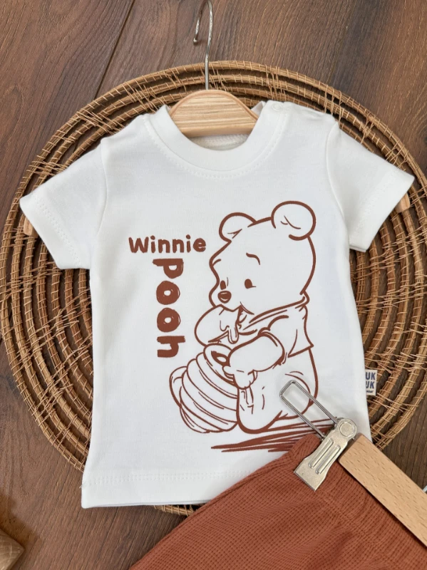 Pooh Baskılı Omuzdan Çıtçıtlı Waffle Şortlu Yazlık Erkek Bebek Takım