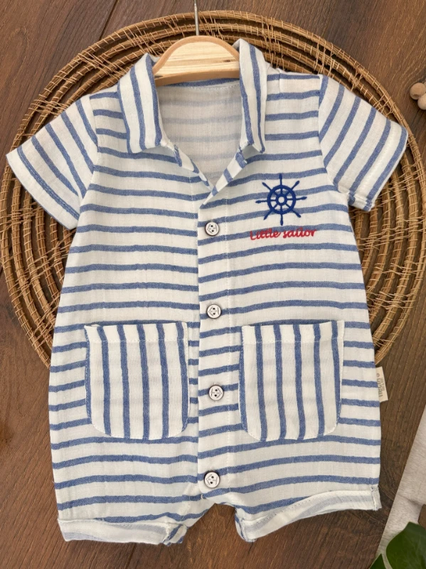 Müslin Dümen Nakışlı Düğmeli Alttan Çıtçıtlı Gemici Yazlık Erkek Bebek Tulum