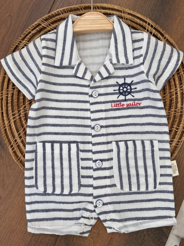 Müslin Dümen Nakışlı Düğmeli Alttan Çıtçıtlı Gemici Yazlık Erkek Bebek Tulum